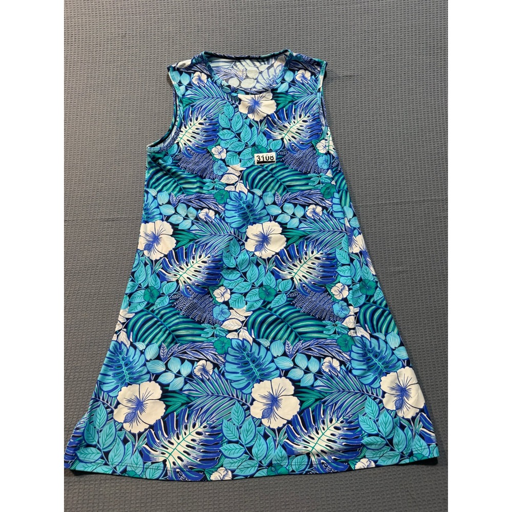 Coolibar Galene Swim Coverup Dress Womens XS Blue Tropical Hibiscus UPF 50+
